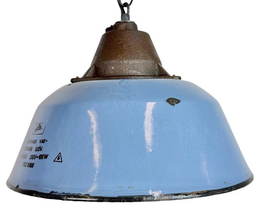 Industriële hanglamp van blauw emaille en gietijzer, jaren 60