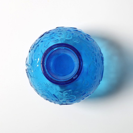 Image 1 of Vintage Small Blue Pressed Glass Vase with Flowers Pattern / Mid-century Home Decor / Italy / 1960s