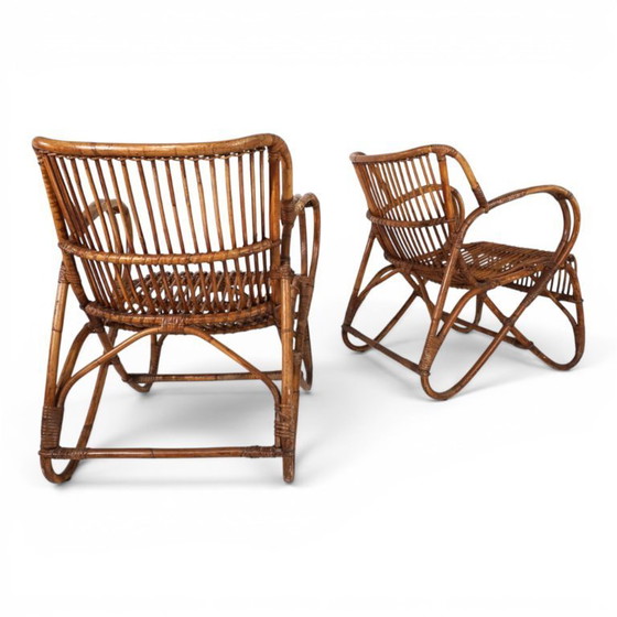 Image 1 of Frans paar vintage loungestoelen van rotan en bamboe, 1960