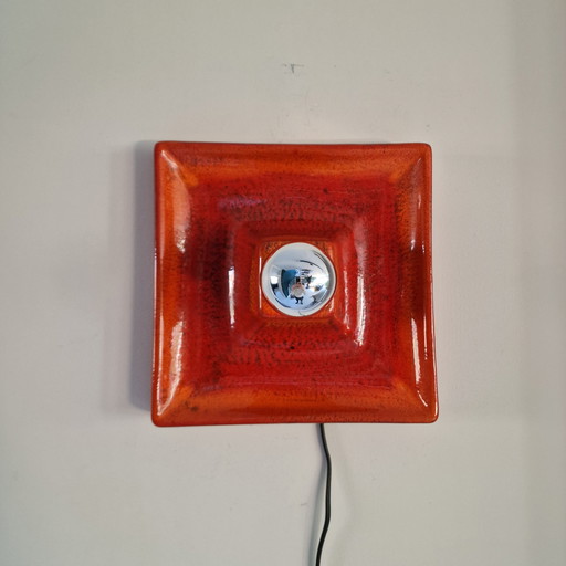 Vintage Square Red Wall Lamp - Wall Light Made of Ceramic with Red Glaze, Germany, 1970s, Hustadt Leuchten