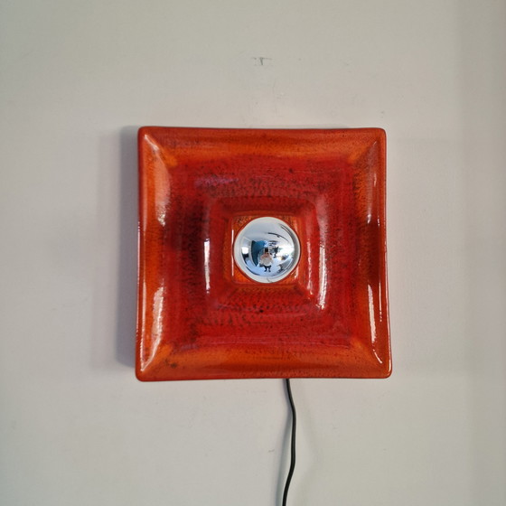 Image 1 of Vintage Square Red Wall Lamp - Wall Light Made of Ceramic with Red Glaze, Germany, 1970s, Hustadt Leuchten