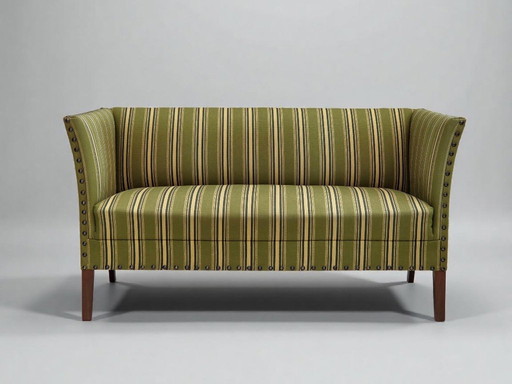 1970s, Danish 2-seater sofa, original green furniture wool, beech wood.