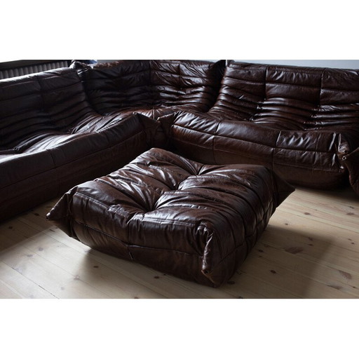 Togo vintage living room set in brown leather by Michel Ducaroy for Ligne Roset, France 1973