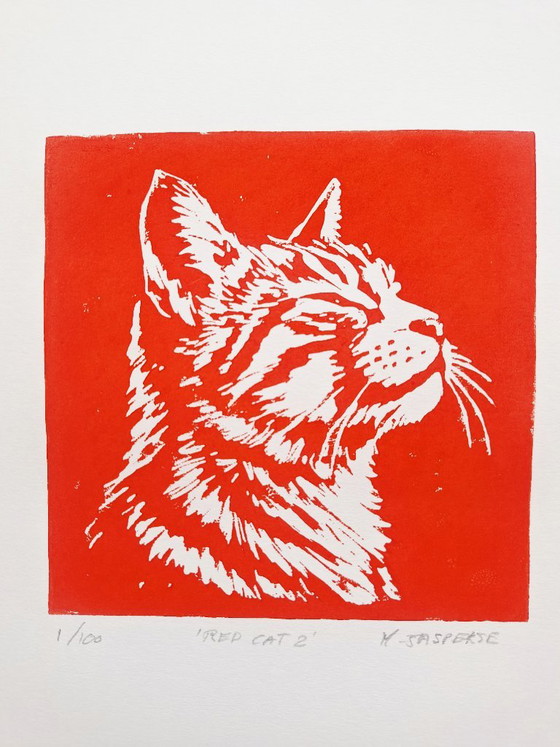 Linoprint 'Red Cat' – Y. Jasperse, Kunst, Papier (photo 2 of 8)