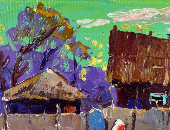 Image 1 of Original Oil Painting Evening Village Landscape The sky at dusk
