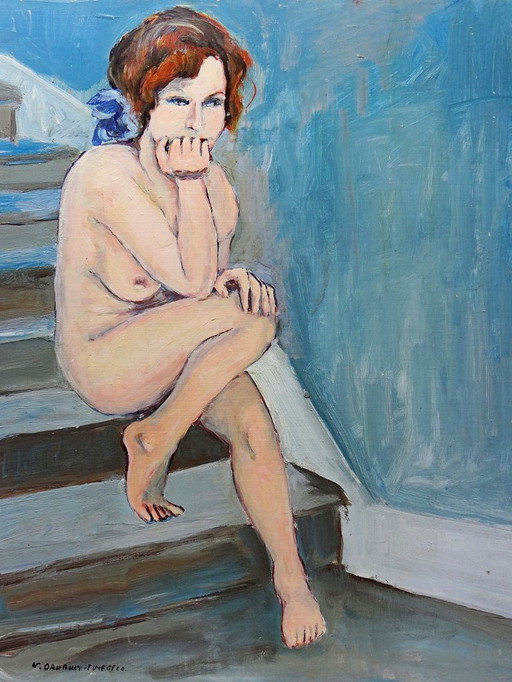Tableau portrait nu assise dans l'escalier, moderne huile sur panneau vintage