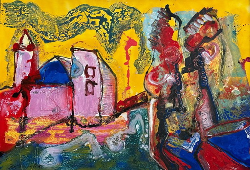 Painting Jan Te Wierik - Houses and Trees, Yellow Village