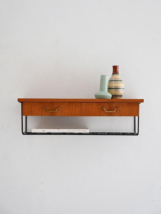 Comodino da parete scandinavo in teak con due cassetti