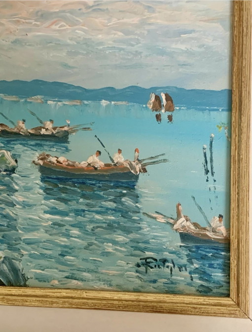 Fishermen in the Bay of Capri - The Faraglioni of Capri - Oil on Wood - Signed Castiglione (unframed)