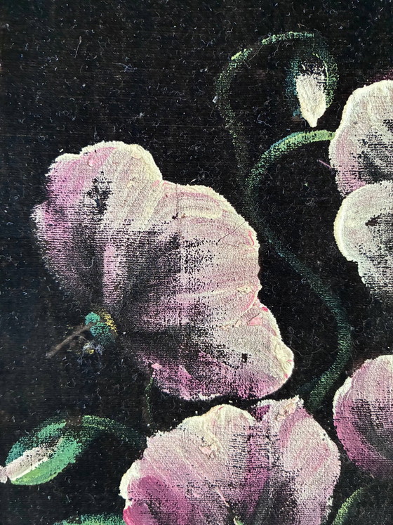 Image 1 of Set vintage original velvet flower oil painting, pair of flower still life art