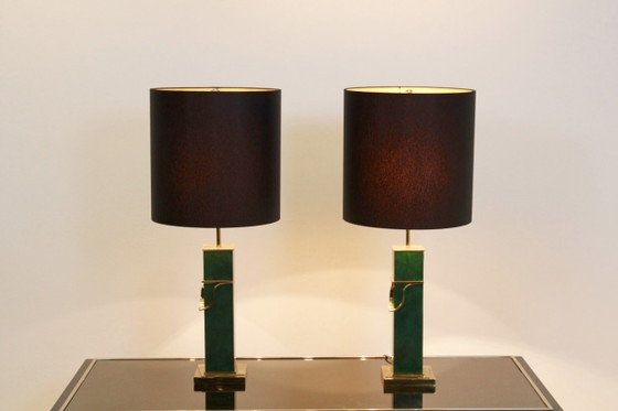 Coppia di Lampade da tavolo Mid Century Moderne in ottone e verde, Dorato (foto 8 di 8)
