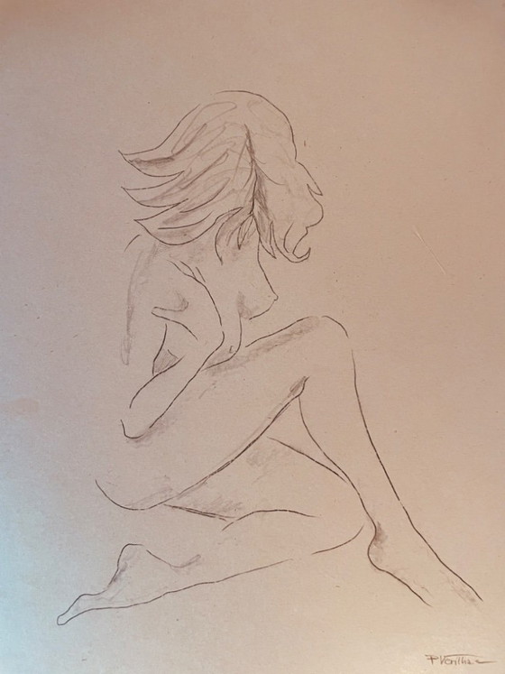 Image 1 of Nude female drawing "squatting sketchbook" on antique cardboard