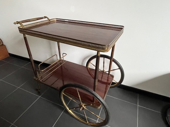 Image 1 of Elegante Midcentury vintage bar cart / serveerwagen – messing & massief mahonie ‘40/‘50
