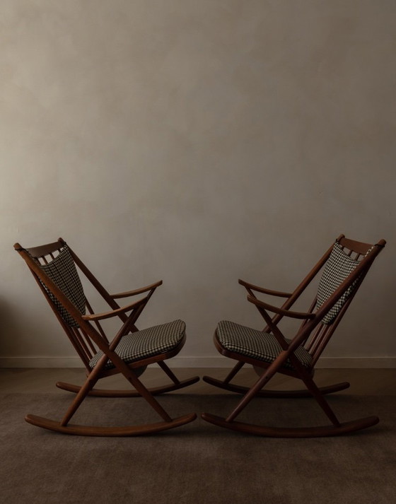Image 1 of Set di 2 sedie a dondolo vintage in teak danese modello 182 di Frank Reenskaug per Bramin, anni '50