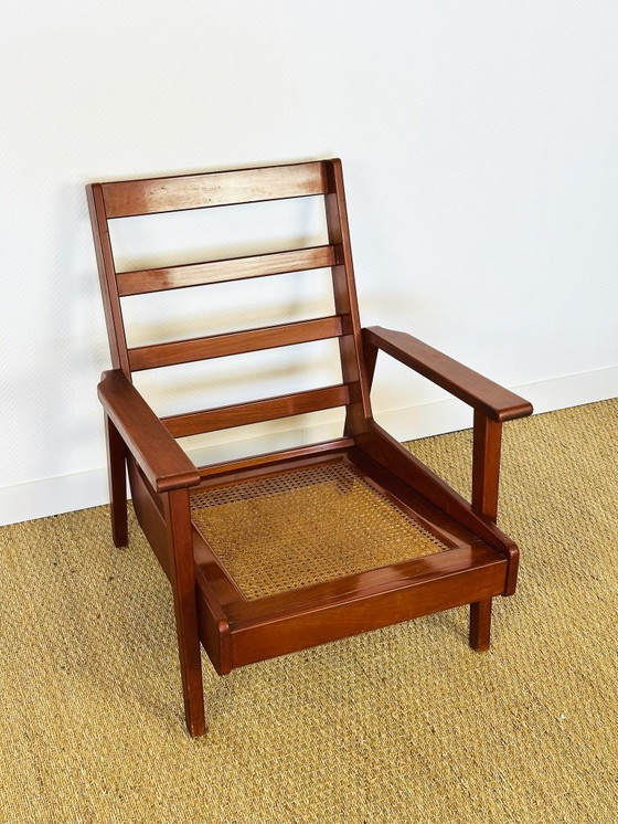 Image 1 of Vintage Scandinavische fauteuil van teakhout en beige textielstof, 1960