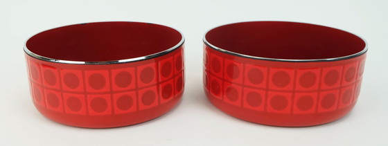 Image 1 of 2 ciotole e 1 piatto da portata silit rosso smalto metallo cromo motivo op art anni '70