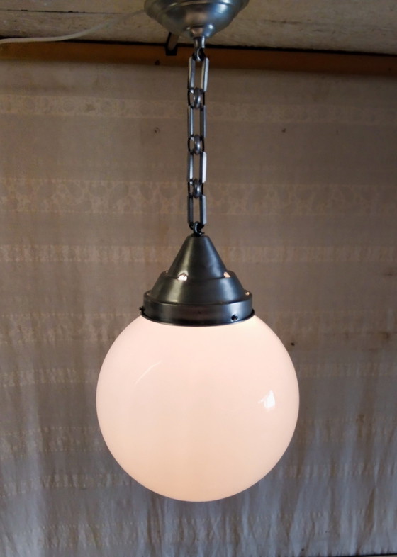 Image 1 of XXL opal glass globe industrial pendant light - 1940s/50s