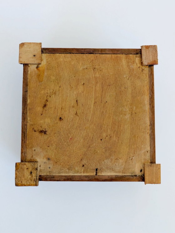 Image 1 of Midcentury Handmade Wooden Trinket Box, Dog Figurine Lid Checkered Pattern, Quirky Decor