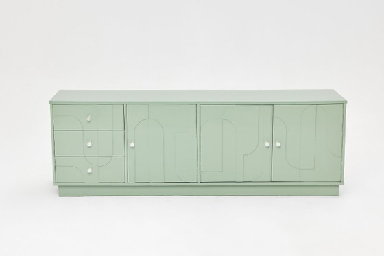 Vintage Sideboard, Wood, Relief, Pastel Green, High-Gloss Finish, 1970s (photo 6 of 15)