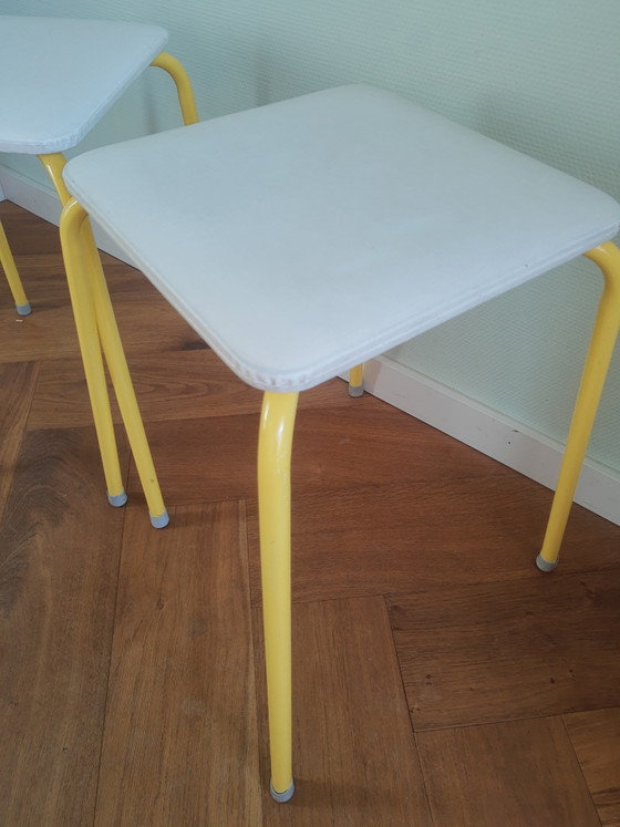 Image 1 of Set of 2 50s-60s tubular frame faux leather stools in white and yellow