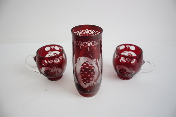 Image 1 of Antique Set of 36 pieces of Artistic cut Ruby red glass, Egermann, 1950's. 