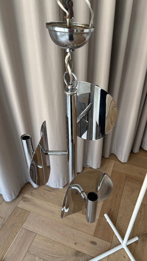 1970s Space Age chrome chandelier – 3 lights – Pendant lamps, Aluminium (photo 10 of 12)