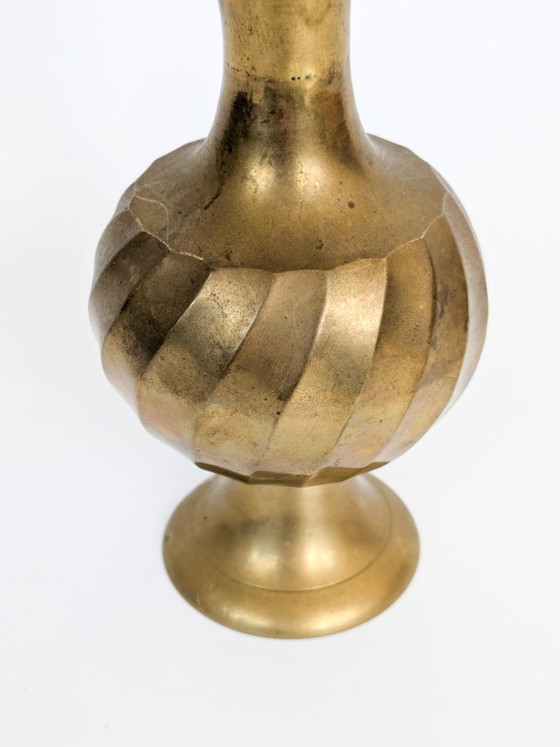 Vintage Solid Brass Trumpet-Shaped Pedestal Vase With Ribbed And Swirl Details (photo 6 of 15)