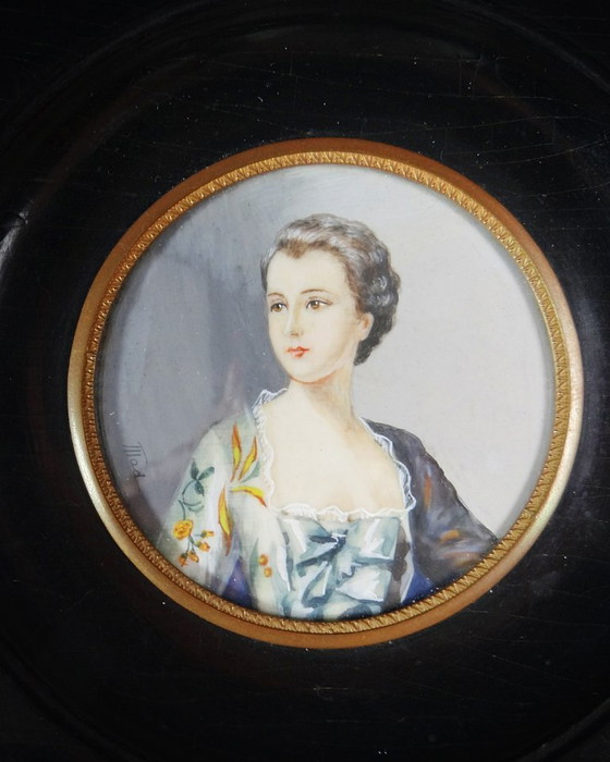 Image 1 of Ritratto in miniatura di Madame de Pompadour dipinto a mano su avorio firmato MAD XIX secolo