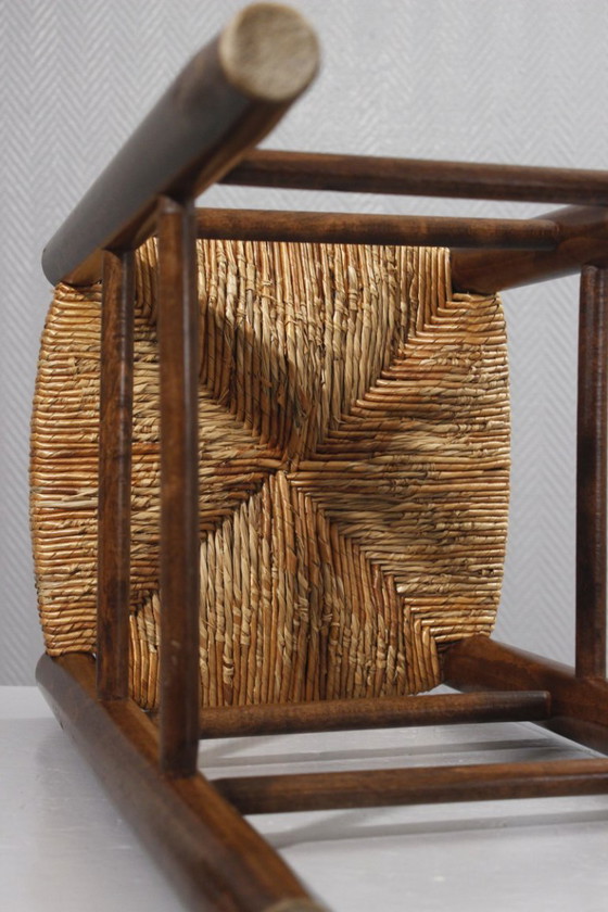 Image 1 of Vintage rieten kruk, in de stijl van Charlotte Perriand, jaren 70.