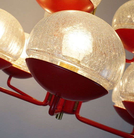 Image 1 of stunning 1960s 70s mid century modern CHANDELIER, red metal and brass, 9 crackle glass shades