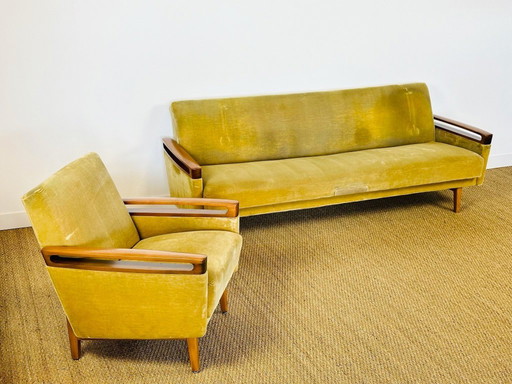 Sofá y sillón convertible escandinavo vintage de teca y terciopelo, años 60, juego de 2