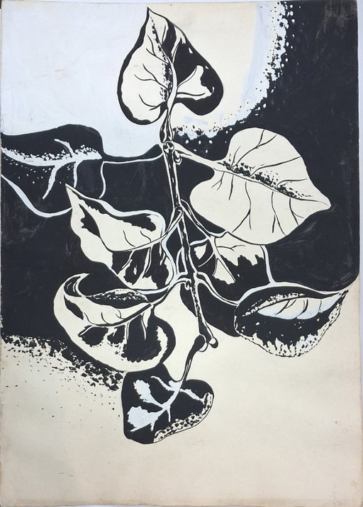 "Monochrome Ink Botanical Drawing – Bold Black & White Leaf Art – Original 50x35 cm Illustration"