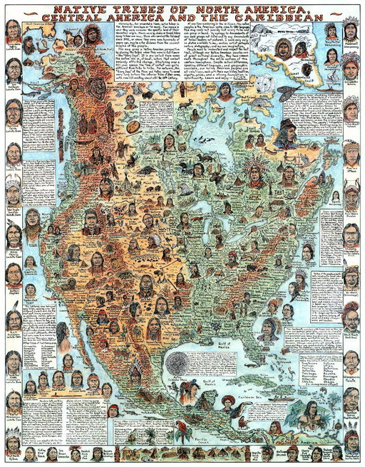 Map of the Native American Tribes of North America, Central America and the Caribbean - Poster 70 x 100 cm