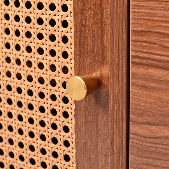 Image 1 of Urban Meuble ladekast in walnoot houtlook met 2 deuren en 3 rotan lades, gouden pootjes en handgrepen 150*90*40cm URNO