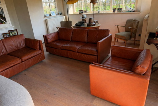 Ensemble de canapés en cuir Durlet - Cognac - Design belge - 3 places + 2 places + 1 place