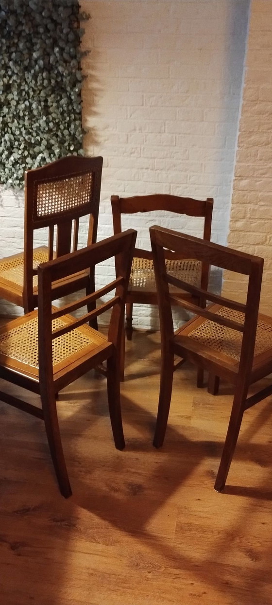 4 vintage eetkamerstoelen met webbing, Hout, Bruin (foto 4 van 13)