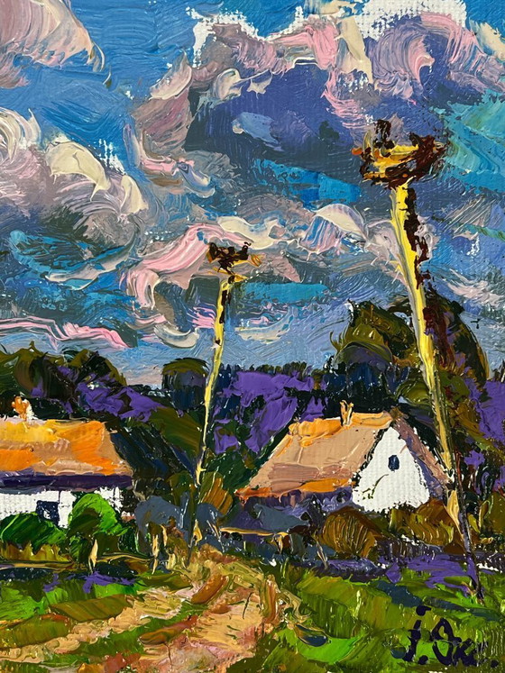 Image 1 of Peinture à l'huile originale Paysage rural Maison Rues de village d'été