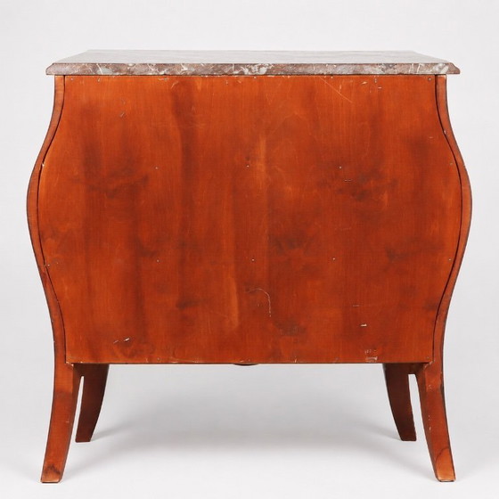 Image 1 of Marquetry Chest of Drawers — Mixed-Wood Veneer, Brass Mounts & Marble Top, 20th Century