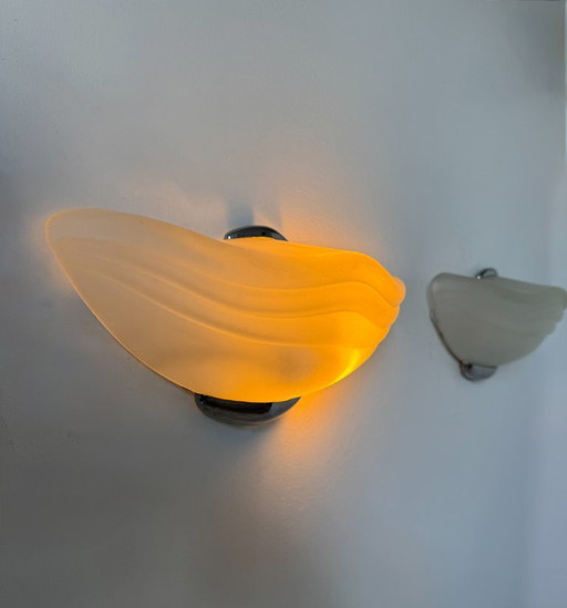 Pair of sconces in chrome and sandblasted glass, Italy, 1970