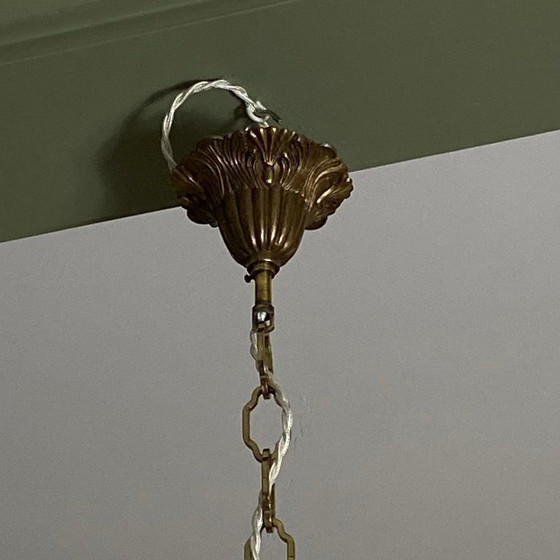 Image 1 of Art Deco Skyscraper Chandelier Pendant Light in Marbled Yellow Gold Opaline Glass