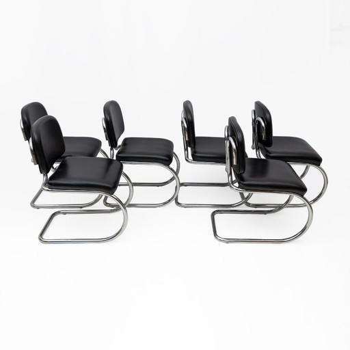 Six of Bauhaus-style Leatherette and Metal Chromed Cantilever Dining Chairs, 70s