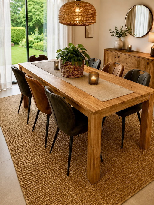 Mesa de comedor de teca maciza de Bali + 6 sillas de diseño