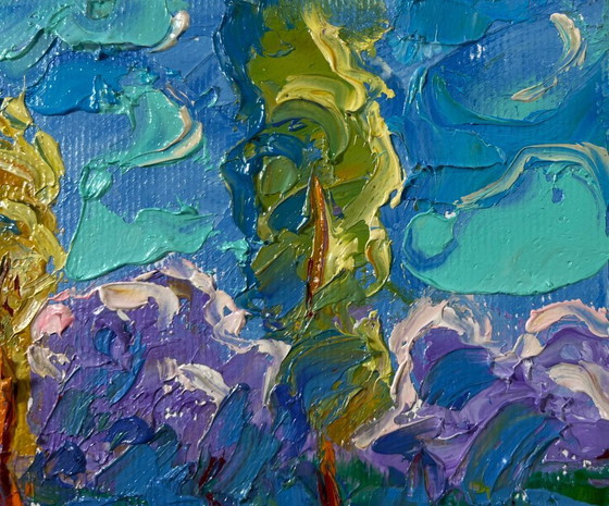 Image 1 of Dipinto ad olio originale, paesaggio naturale colorato, primavera nei prati