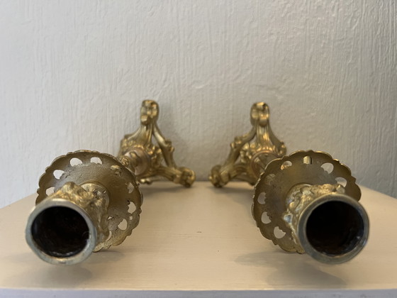 Image 1 of Pair of Empire style bronze candlesticks with female and male figurines