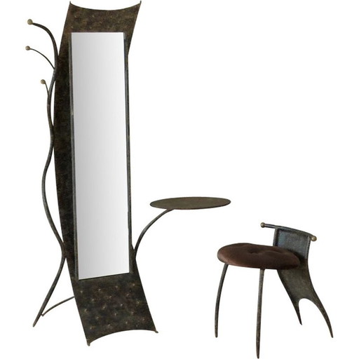 Armario vintage de metal brutalista con espejo y silla, 1950