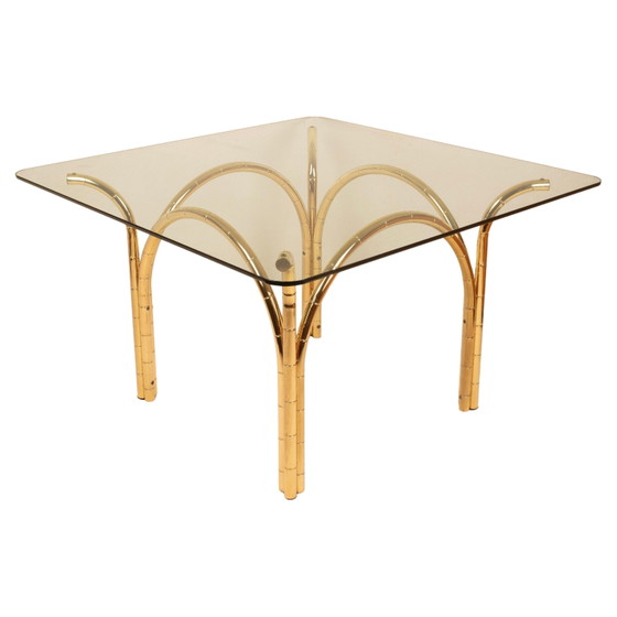 Table de salle à manger italienne méditerranéenne en acier plaqué laiton effet bambou et plateau en verre (photo 8 of 21)