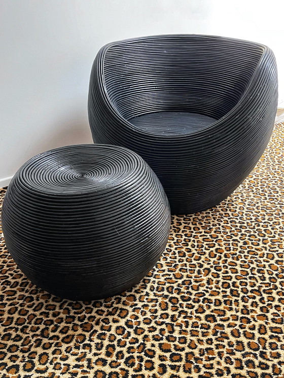 Image 1 of Black Wicker Armchair and Ottoman