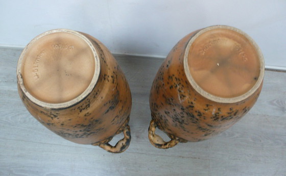 Image 1 of Ceramic floor vases, set of 2, very large, in beige-brown with Celtic / Germanic pattern, Westerwald Ikonen 50s