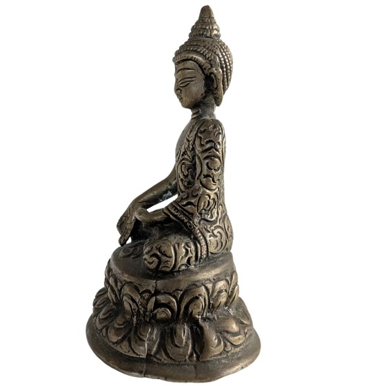Statua di Buddha in Ottone Antico (10cm) - Bhumisparsha Mudra & Svastica - Nepal – Sculture, Brass (photo 7 of 10)