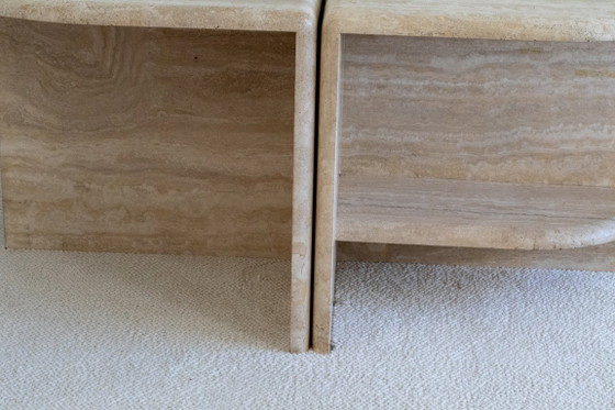 Vintage Travertin Salontafel Set - Postmodern Italiaans Design, Travertine, Beige, Mid Century Modern (foto 4 van 7)